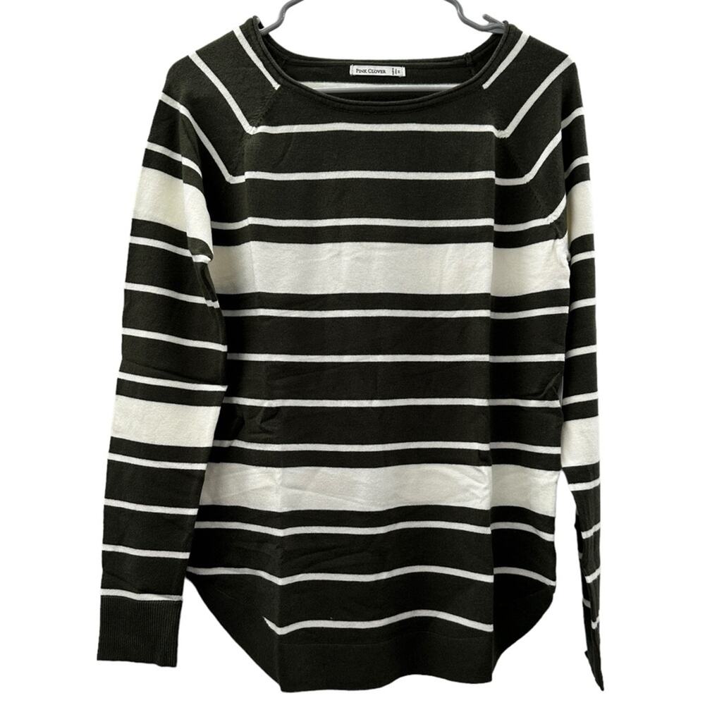 Stitch Fix Pink Clover Valencia Curved Ribbed Hem Olive & White Stripe‎ Sweater